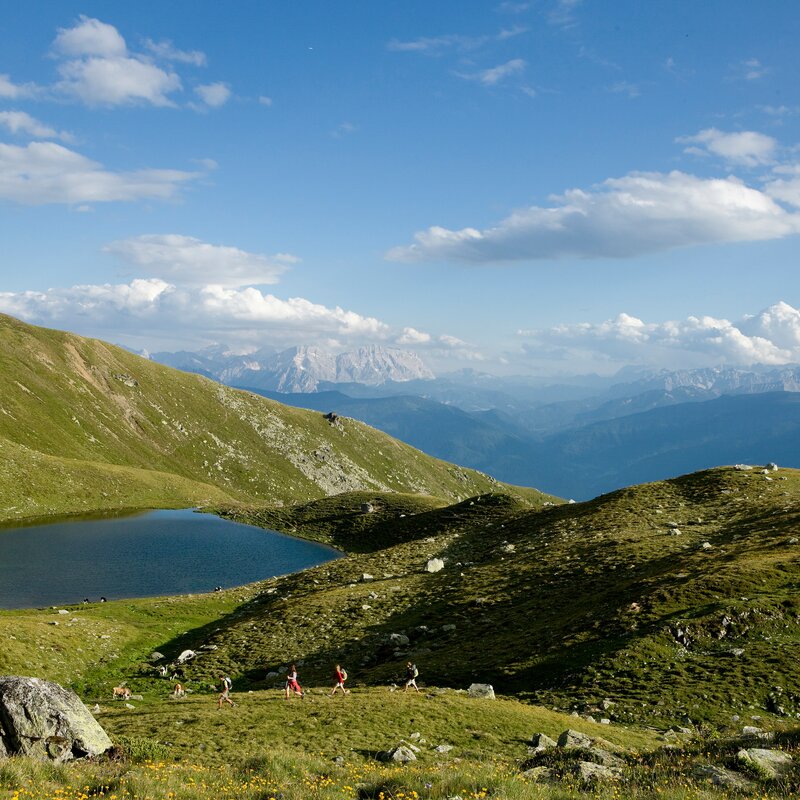 Grünbachsee im Sommer mit 4 Wanderer auf Wanderweg | © TV Kiens_Franz Gerdl