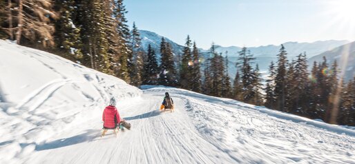 Two sledders descending a beautiful slope