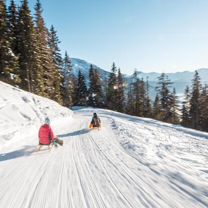 Two sledders descending a beautiful slope